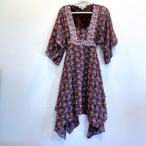 Purple Asymmetrical Silk Tiered Sundress with Flutter Sleeves